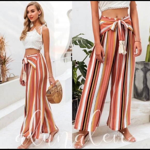 🌸 NEW 🌸 Front tie orange striped pants, boho - Picture 3 of 5